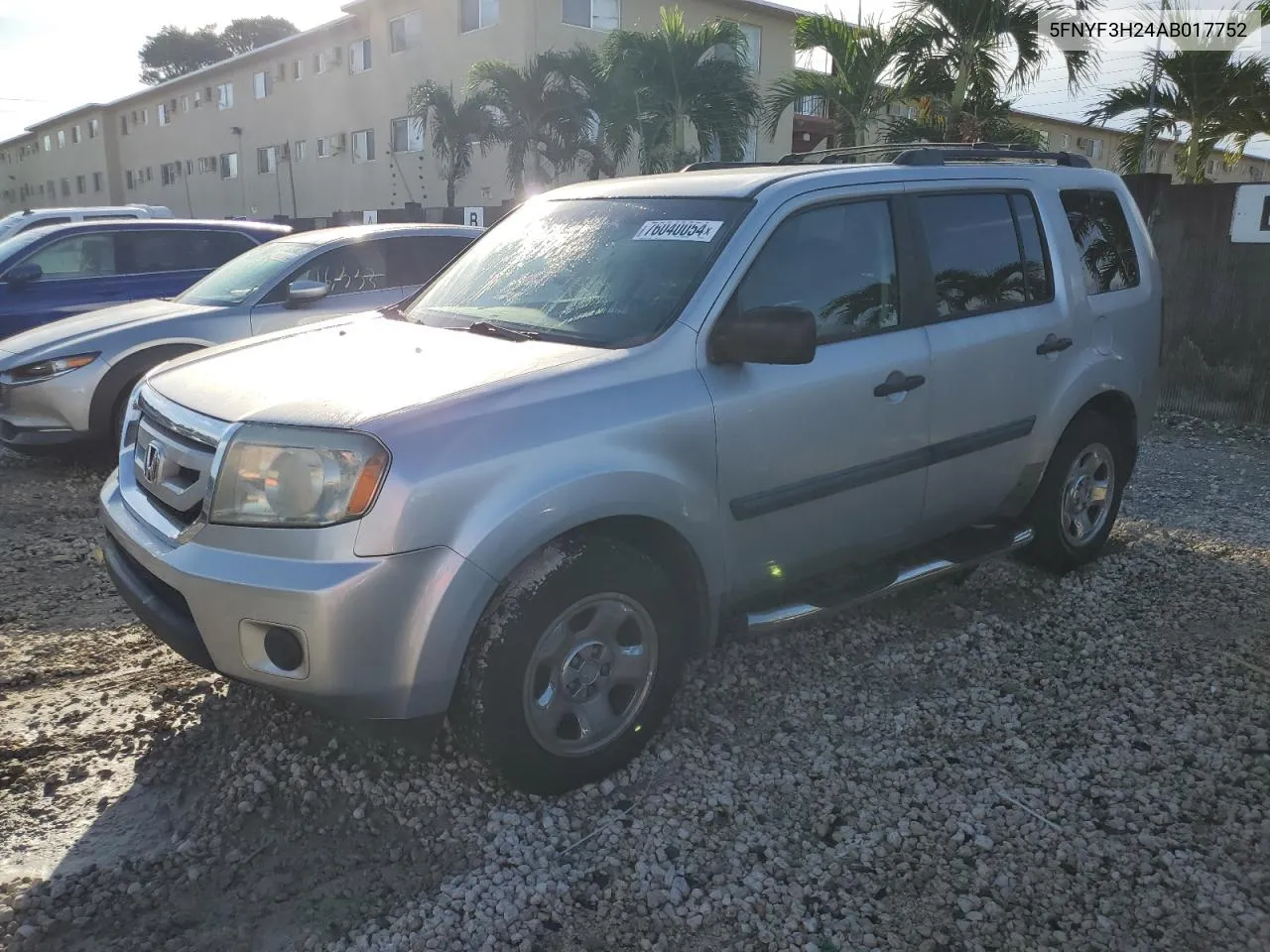 2010 Honda Pilot Lx VIN: 5FNYF3H24AB017752 Lot: 76040054