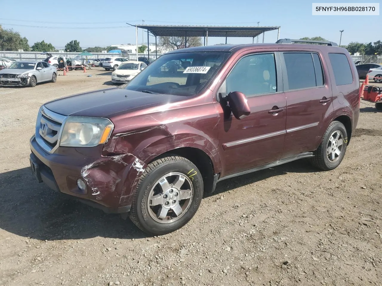 2011 Honda Pilot Touring VIN: 5FNYF3H96BB028170 Lot: 69336074