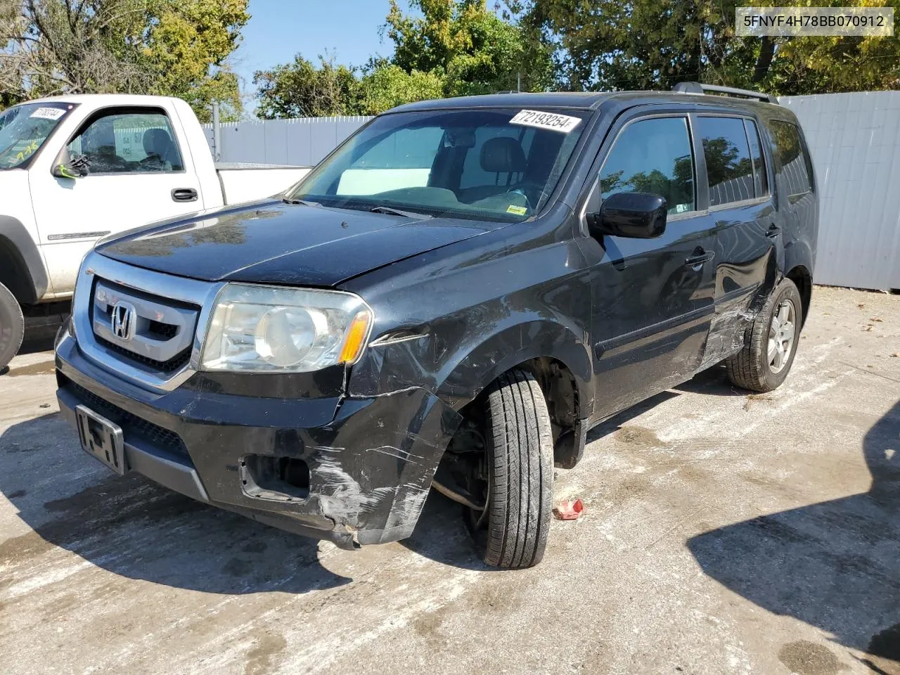 2011 Honda Pilot Exln VIN: 5FNYF4H78BB070912 Lot: 72193254