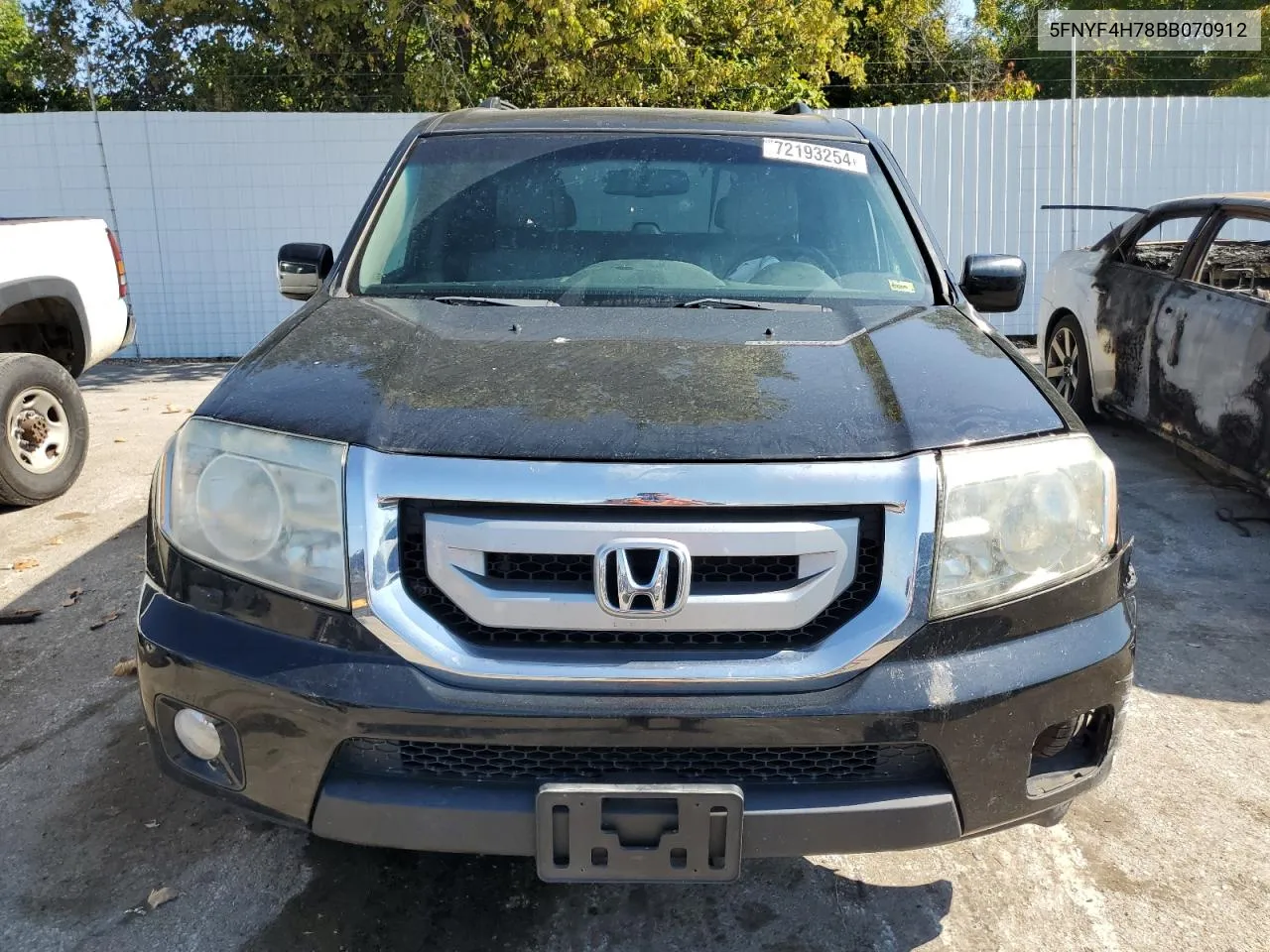 2011 Honda Pilot Exln VIN: 5FNYF4H78BB070912 Lot: 72193254