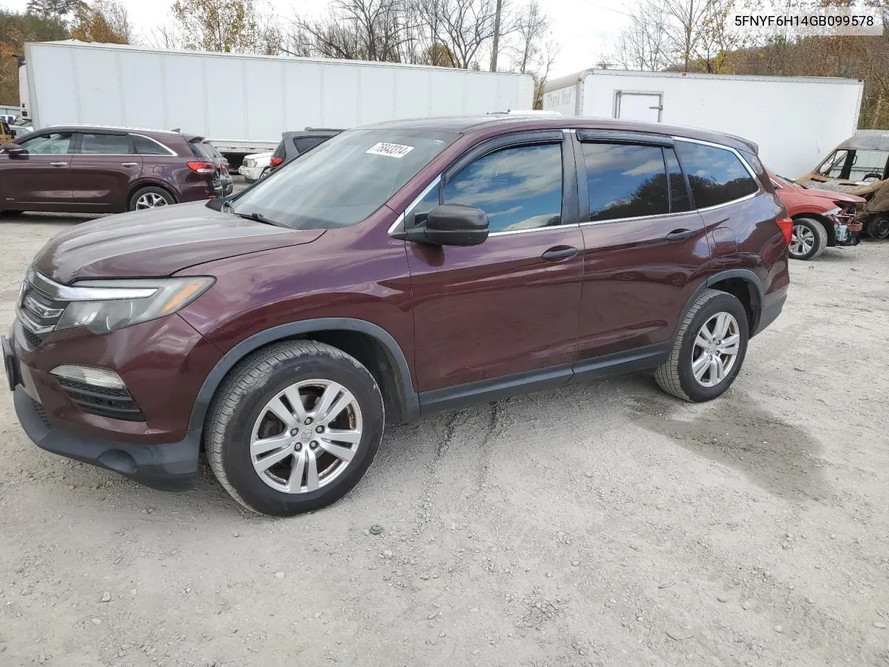 2016 Honda Pilot Lx VIN: 5FNYF6H14GB099578 Lot: 76843314