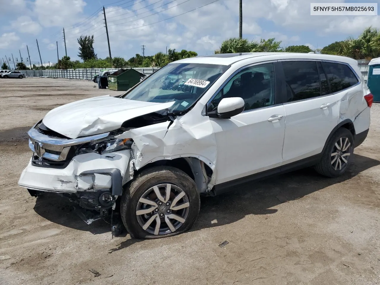 2021 Honda Pilot Exl VIN: 5FNYF5H57MB025693 Lot: 64769994