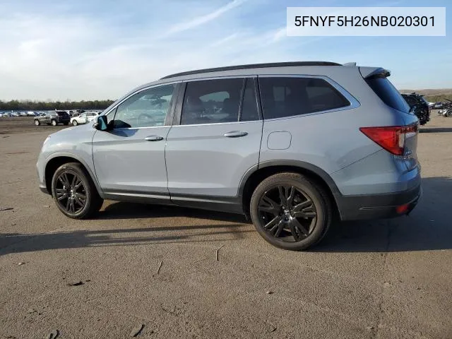 2022 Honda Pilot Se VIN: 5FNYF5H26NB020301 Lot: 57996614