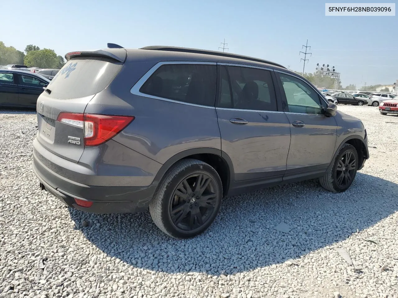 2022 Honda Pilot Se VIN: 5FNYF6H28NB039096 Lot: 68706344