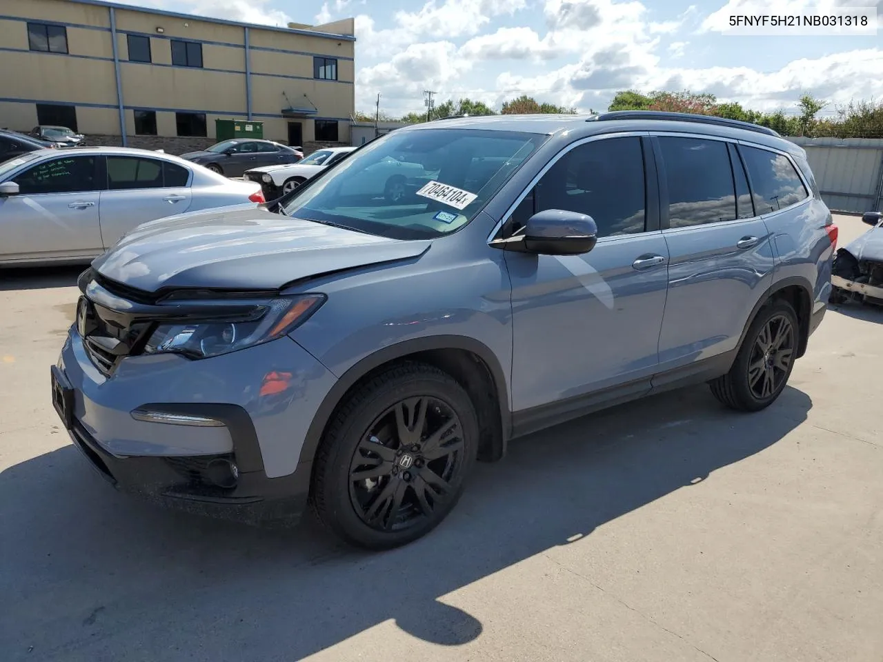 2022 Honda Pilot Se VIN: 5FNYF5H21NB031318 Lot: 70464104