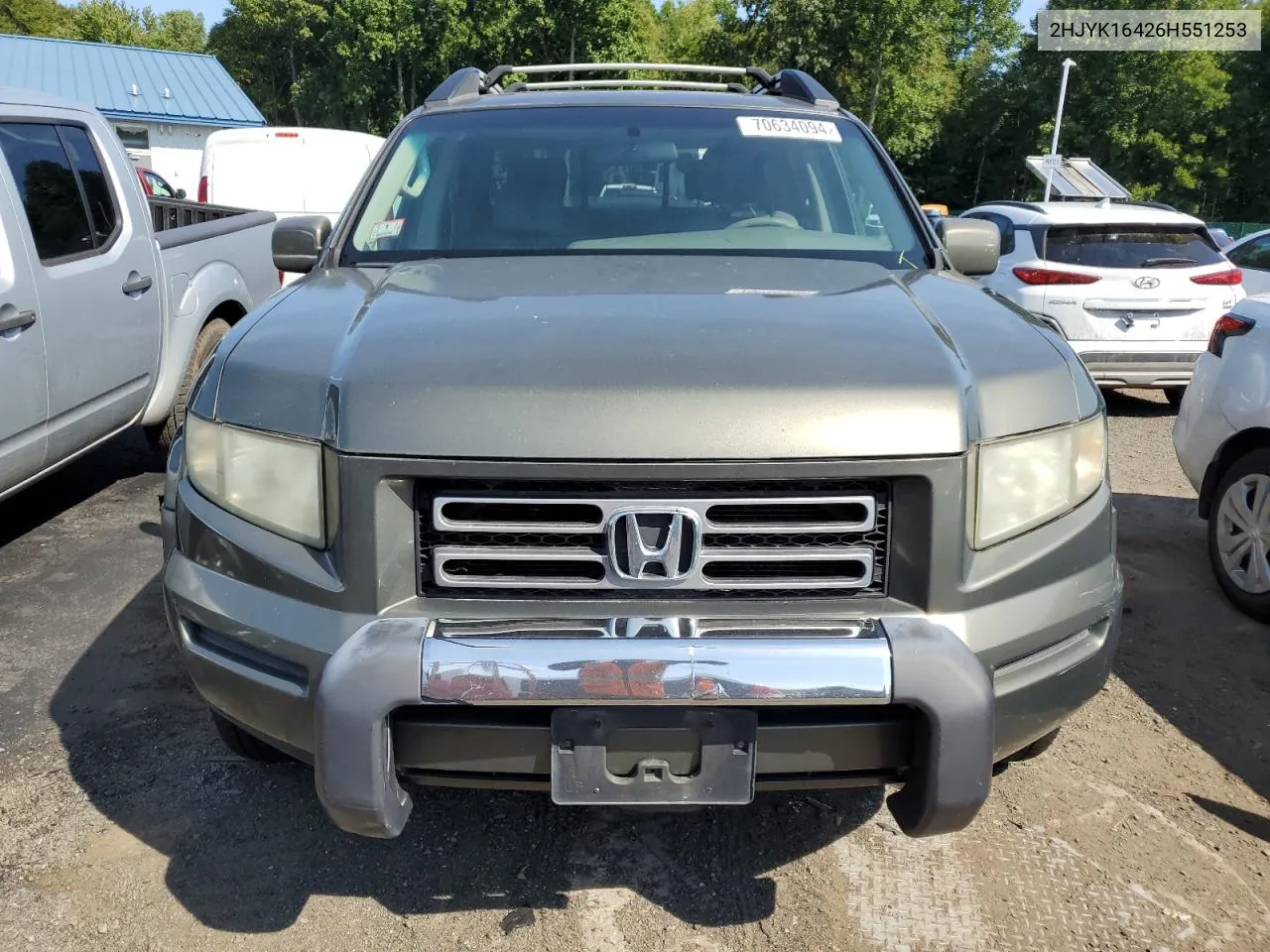 2006 Honda Ridgeline Rts VIN: 2HJYK16426H551253 Lot: 70634094