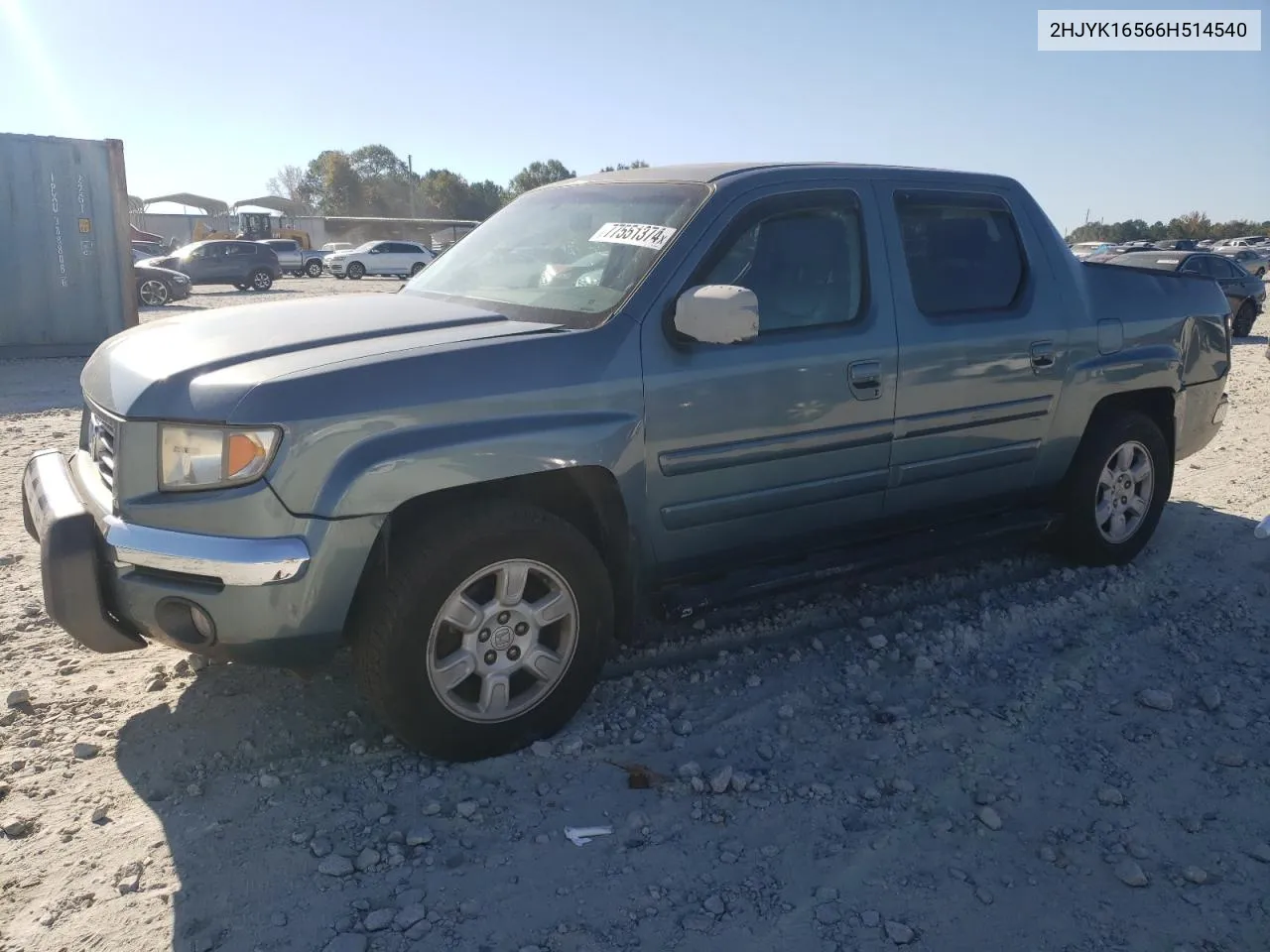 2006 Honda Ridgeline Rtl VIN: 2HJYK16566H514540 Lot: 77551374