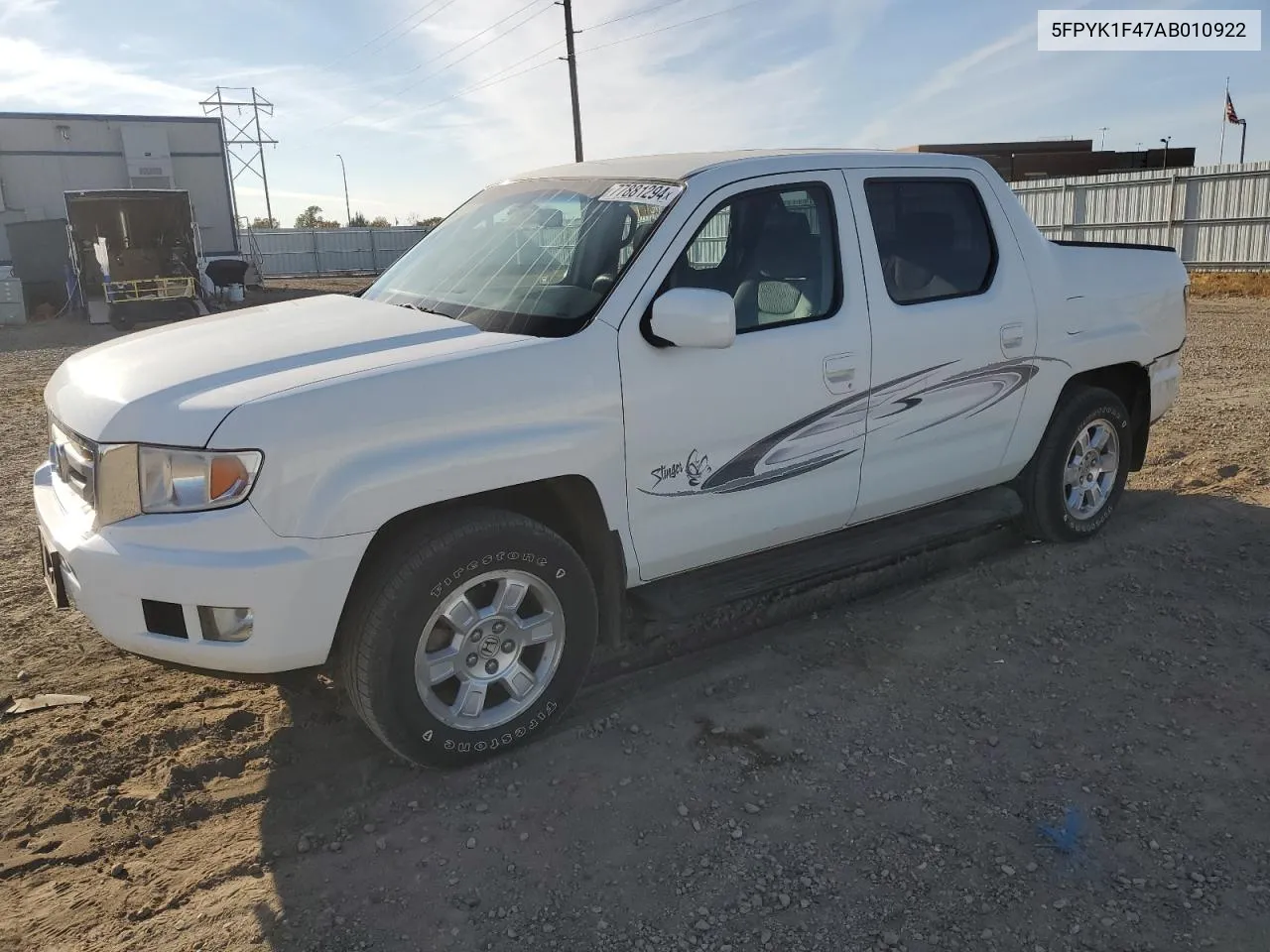 2010 Honda Ridgeline Rts VIN: 5FPYK1F47AB010922 Lot: 77881294