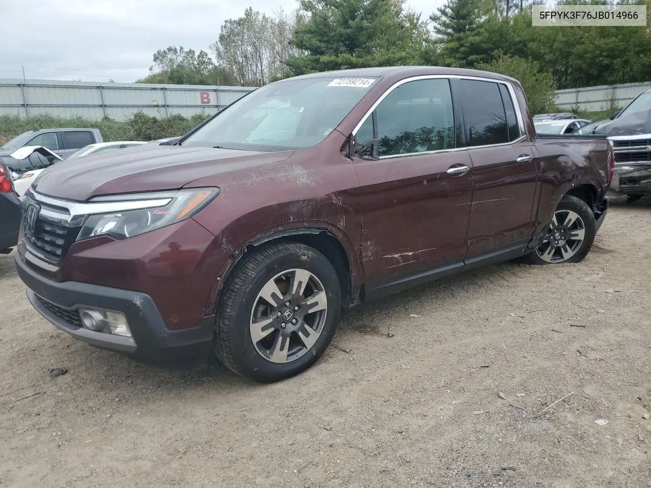 2018 Honda Ridgeline Rtl VIN: 5FPYK3F76JB014966 Lot: 72759214