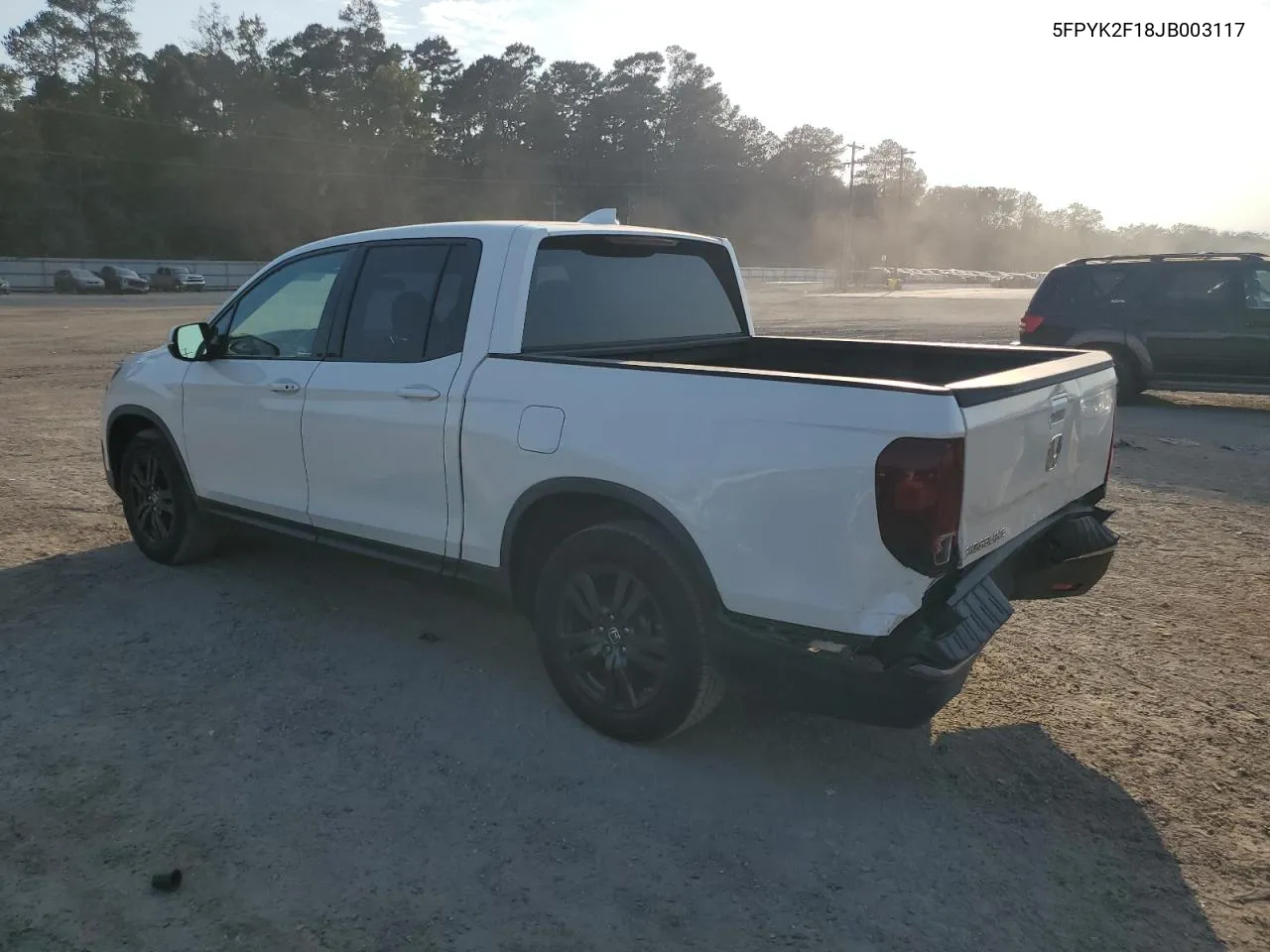 2018 Honda Ridgeline Sport VIN: 5FPYK2F18JB003117 Lot: 76376524