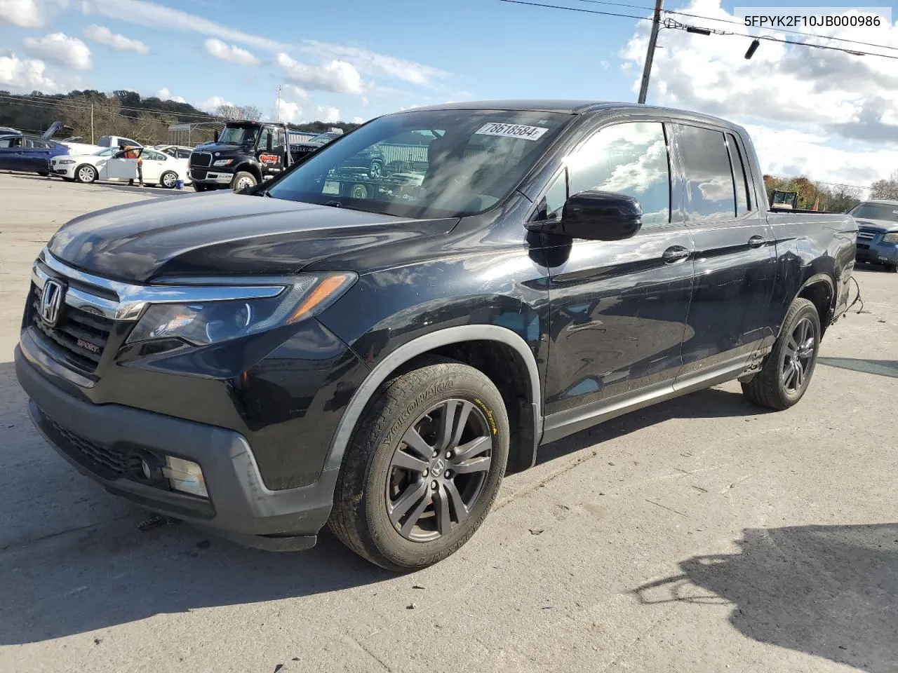 2018 Honda Ridgeline Sport VIN: 5FPYK2F10JB000986 Lot: 78618584