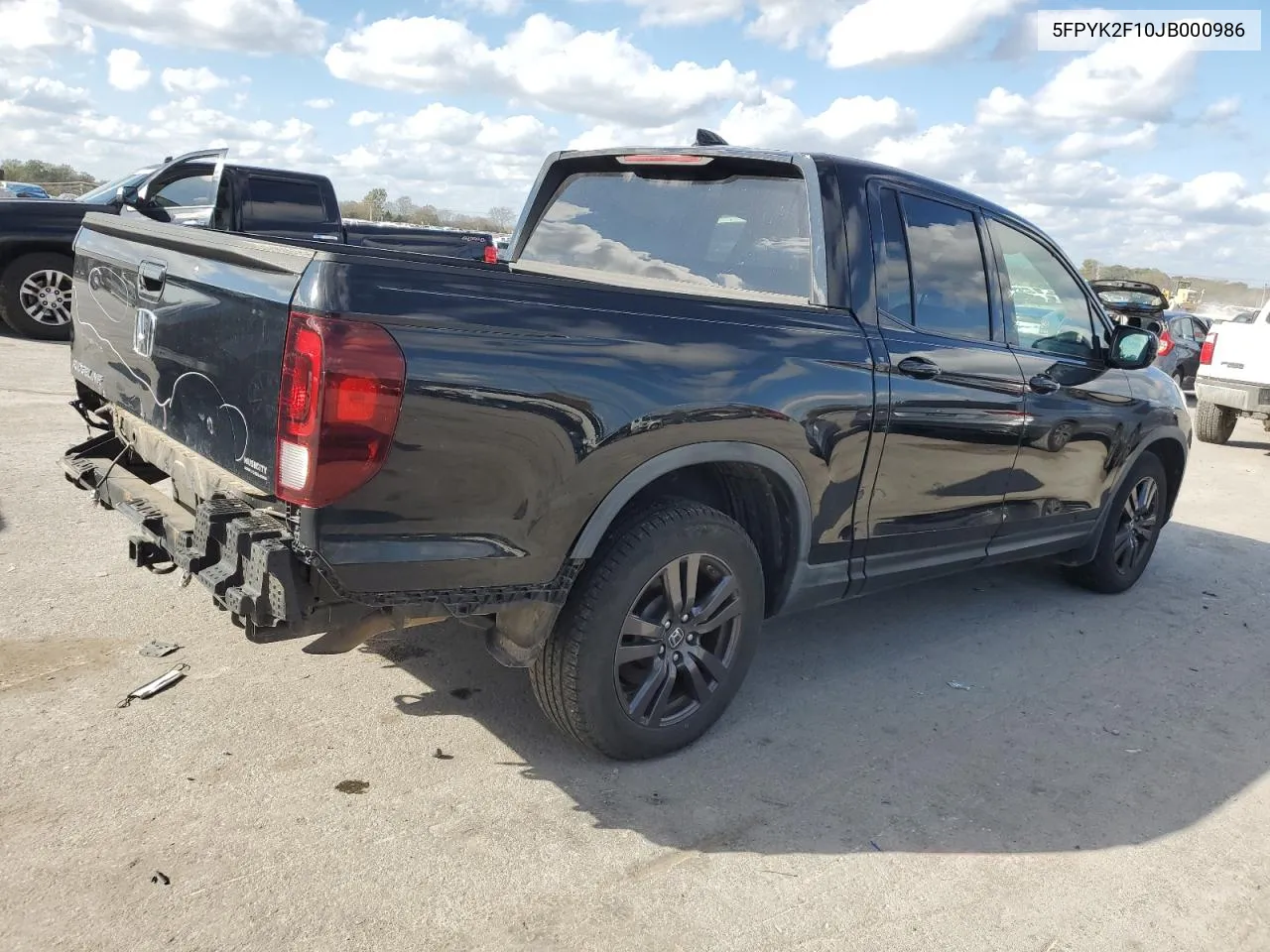 2018 Honda Ridgeline Sport VIN: 5FPYK2F10JB000986 Lot: 78618584