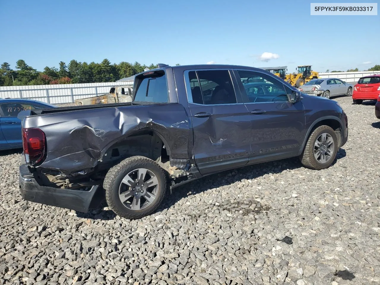 2019 Honda Ridgeline Rtl VIN: 5FPYK3F59KB033317 Lot: 72514374