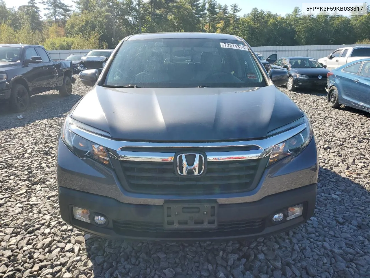 2019 Honda Ridgeline Rtl VIN: 5FPYK3F59KB033317 Lot: 72514374