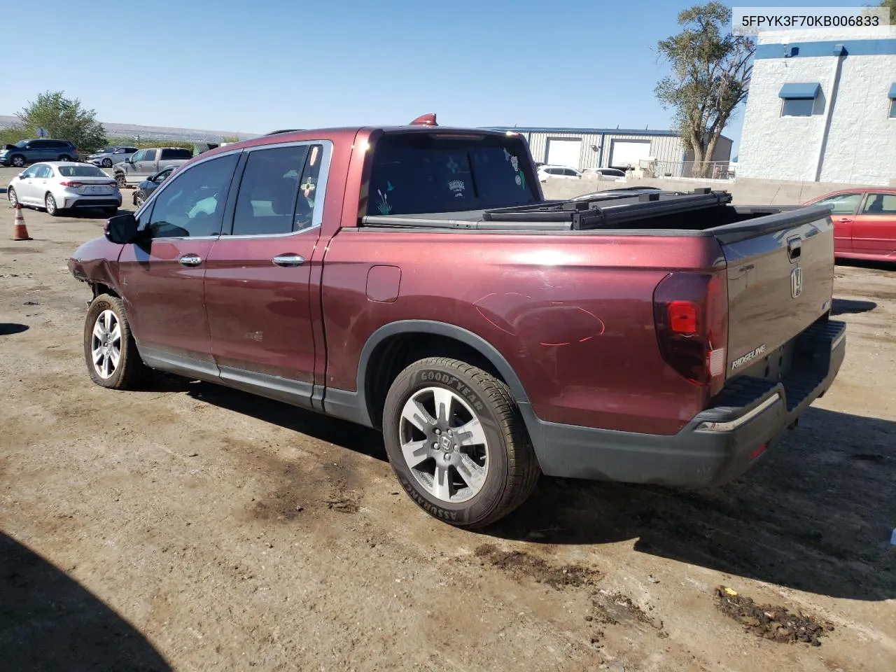 2019 Honda Ridgeline Rtl VIN: 5FPYK3F70KB006833 Lot: 72726144