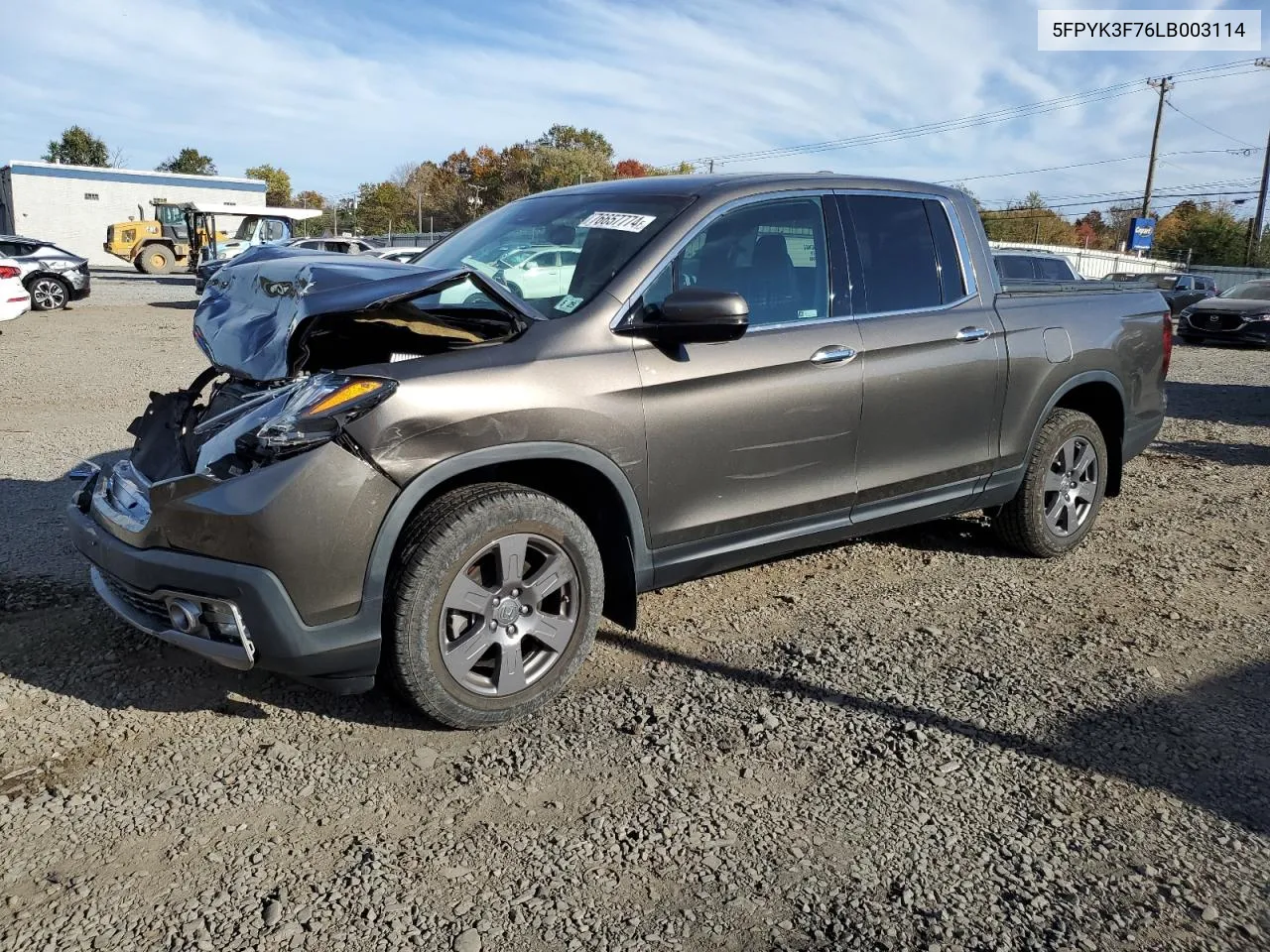 2020 Honda Ridgeline Rtl VIN: 5FPYK3F76LB003114 Lot: 76657774