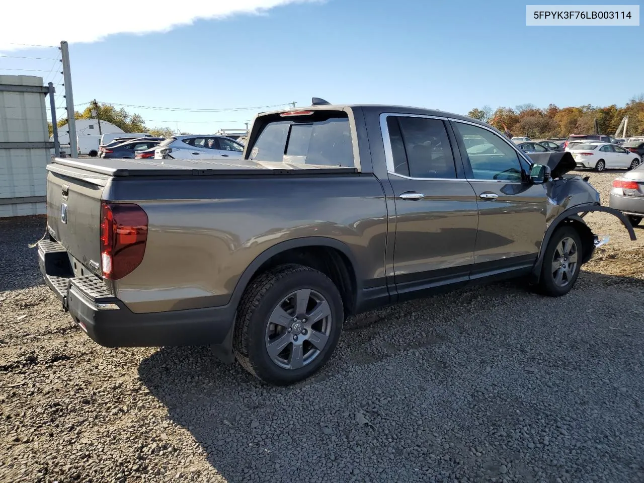 2020 Honda Ridgeline Rtl VIN: 5FPYK3F76LB003114 Lot: 76657774