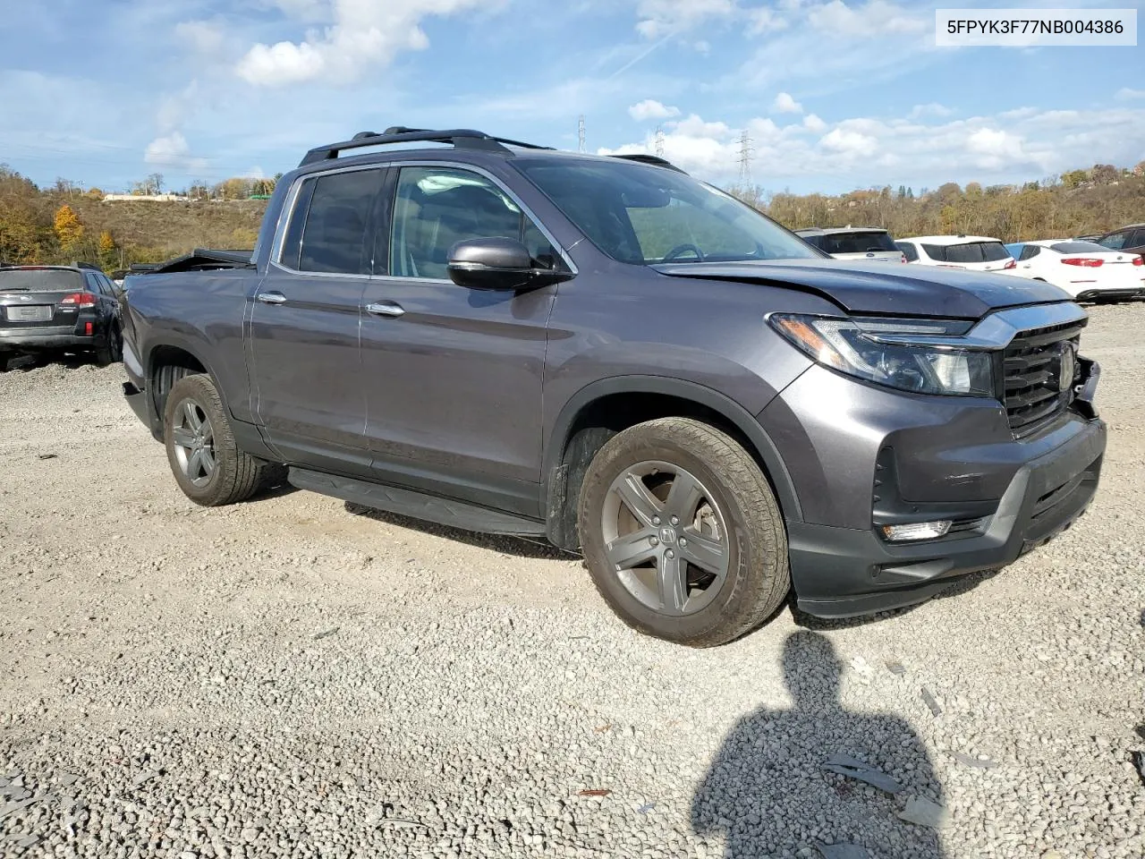 2022 Honda Ridgeline Rtl VIN: 5FPYK3F77NB004386 Lot: 78315924