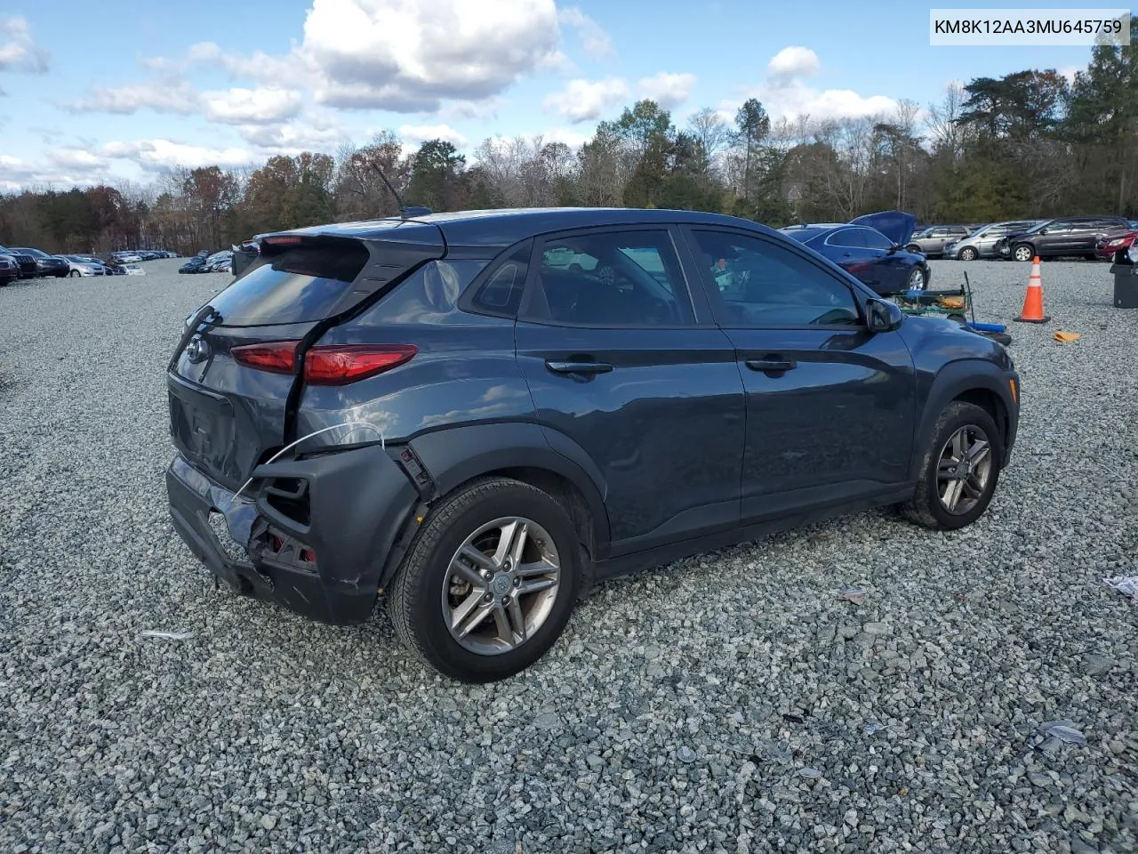 2021 Hyundai Kona Se VIN: KM8K12AA3MU645759 Lot: 80971064