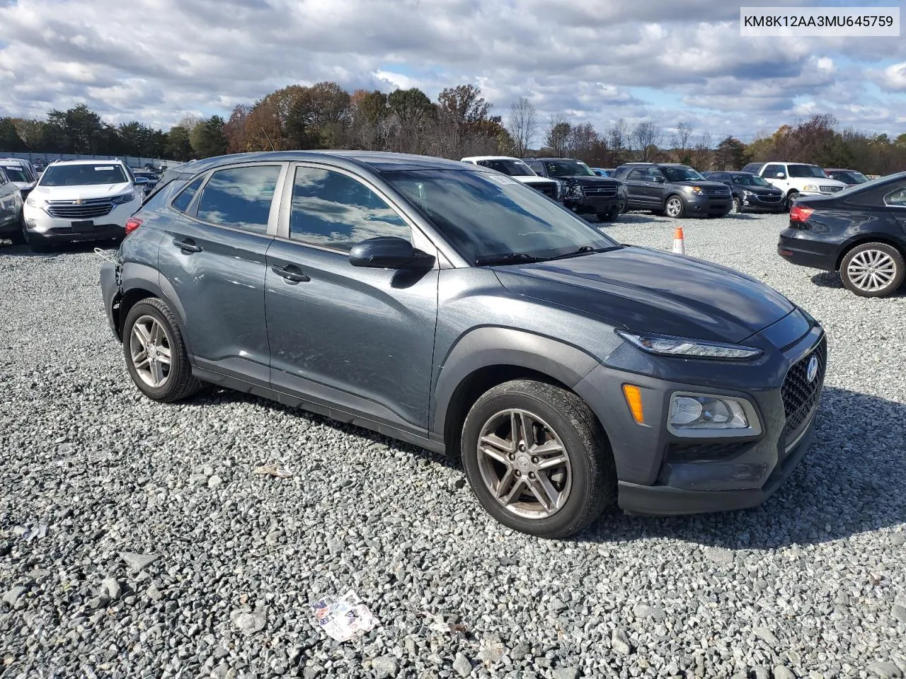 2021 Hyundai Kona Se VIN: KM8K12AA3MU645759 Lot: 80971064