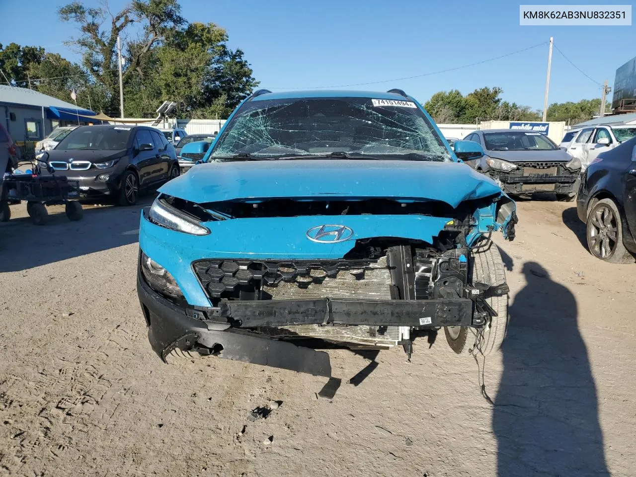 2022 Hyundai Kona Sel VIN: KM8K62AB3NU832351 Lot: 74151494