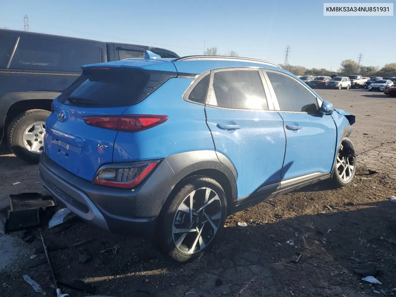 2022 Hyundai Kona Limited VIN: KM8K53A34NU851931 Lot: 76708574