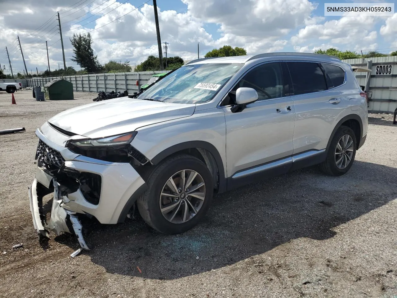 2019 Hyundai Santa Fe Sel VIN: 5NMS33AD3KH059243 Lot: 75592454