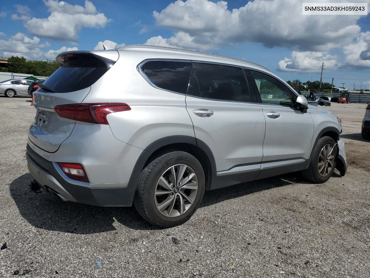 2019 Hyundai Santa Fe Sel VIN: 5NMS33AD3KH059243 Lot: 75592454