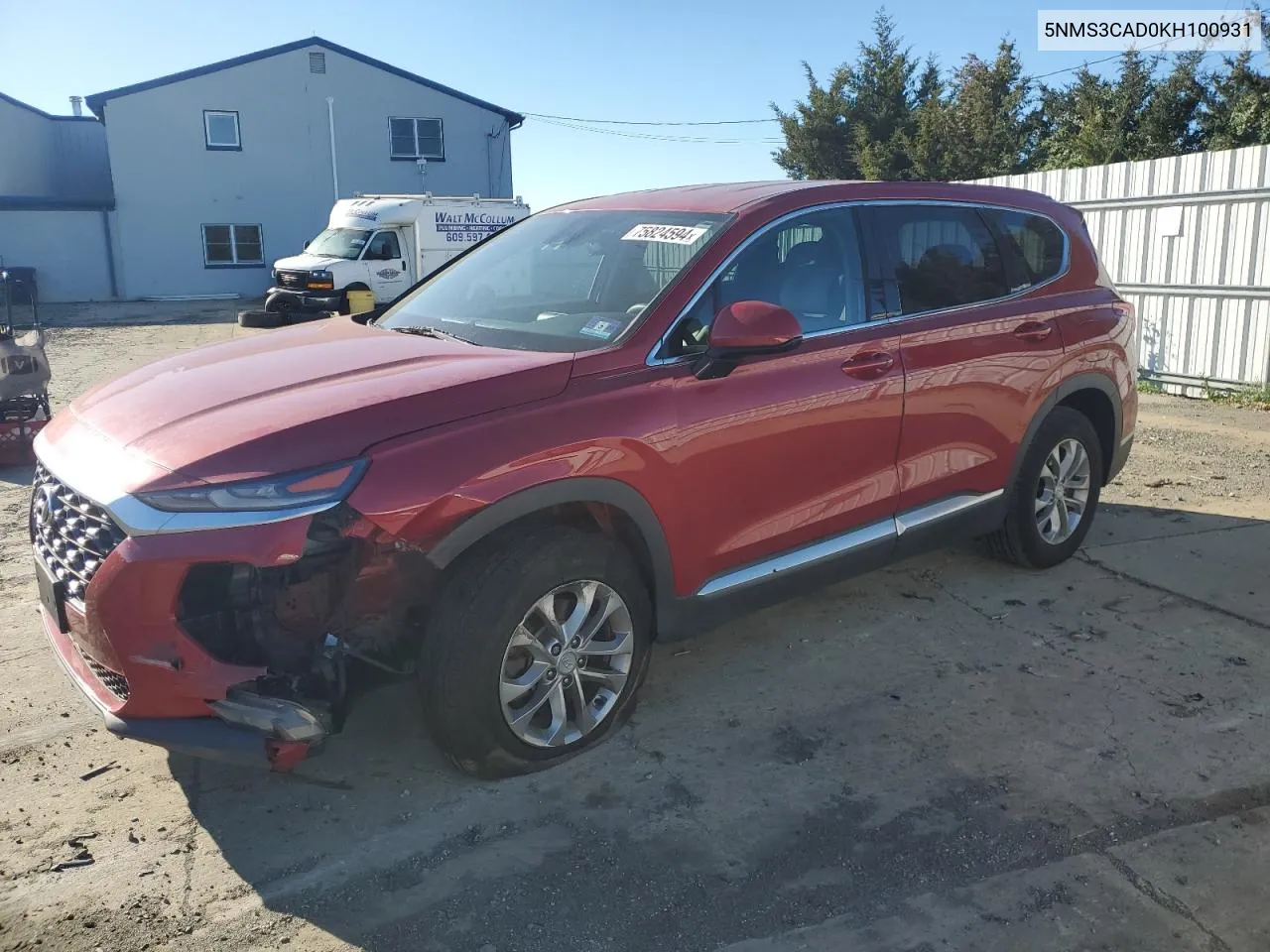 2019 Hyundai Santa Fe Sel VIN: 5NMS3CAD0KH100931 Lot: 75824594