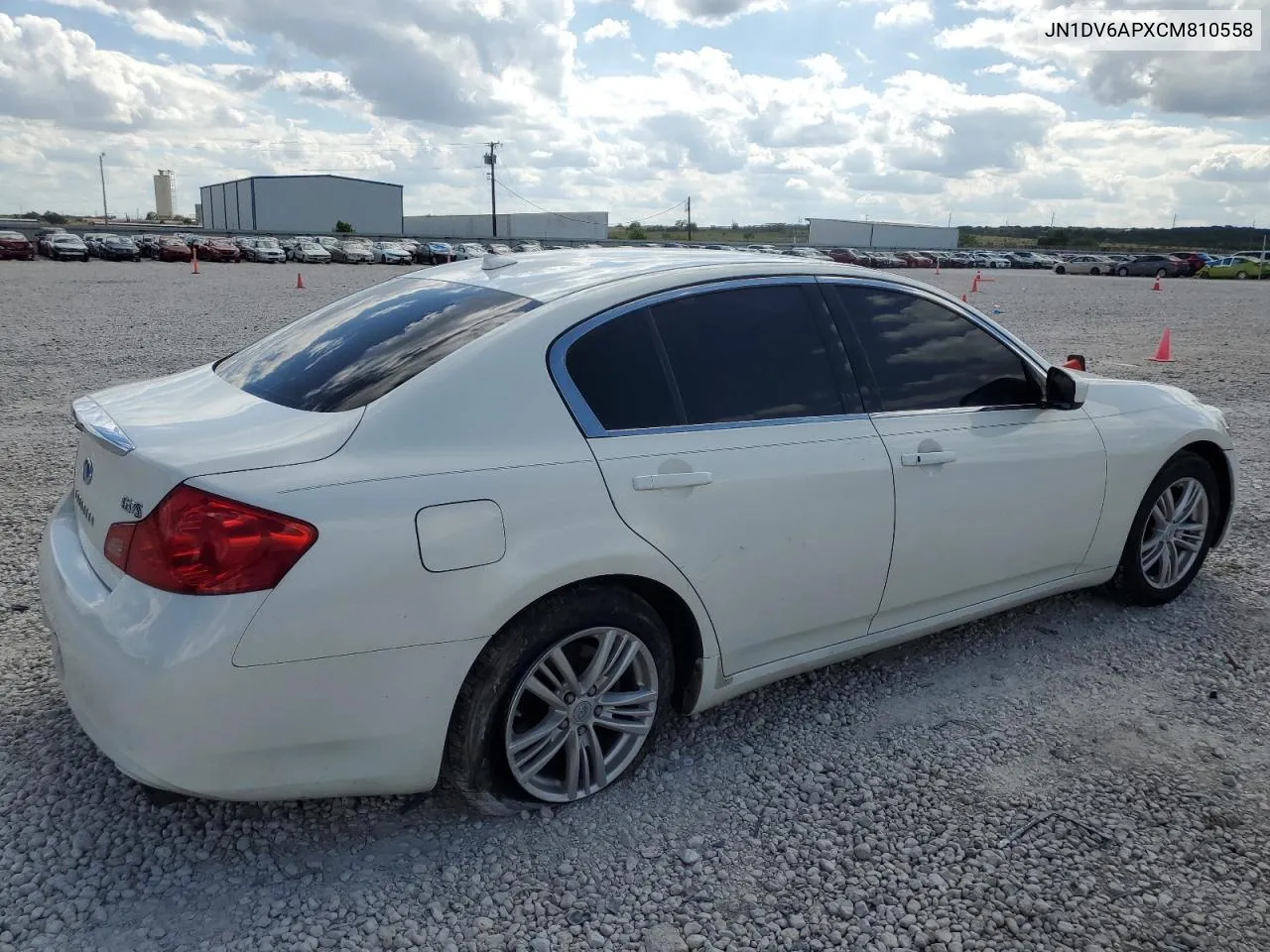 2012 Infiniti G25 Base VIN: JN1DV6APXCM810558 Lot: 60688204