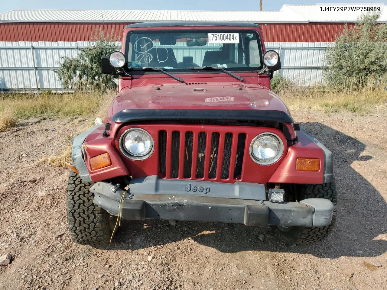 1998 Jeep Wrangler / Tj Se VIN: 1J4FY29P7WP758989 Lot: 75100404