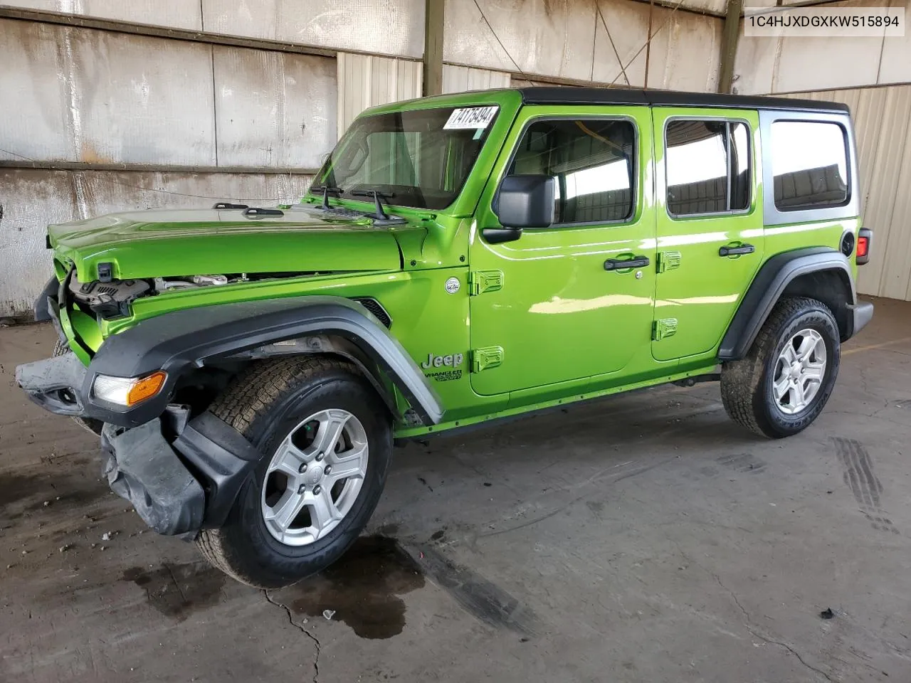 2019 Jeep Wrangler Unlimited Sport VIN: 1C4HJXDGXKW515894 Lot: 74175494