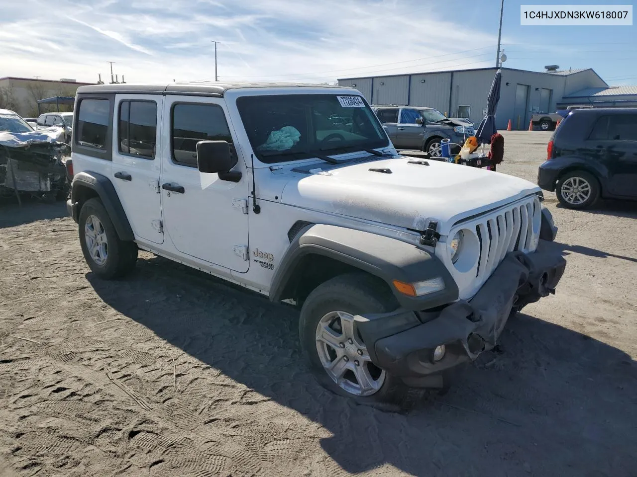 2019 Jeep Wrangler Unlimited Sport VIN: 1C4HJXDN3KW618007 Lot: 77230424