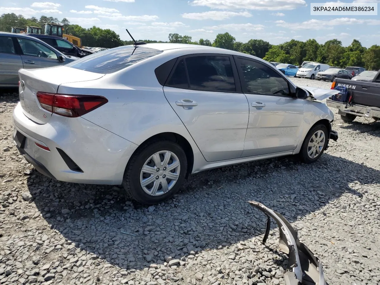 2021 Kia Rio Lx VIN: 3KPA24AD6ME386234 Lot: 60025674