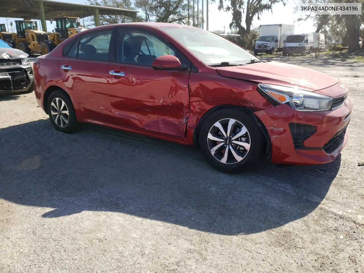 2022 Kia Rio Lx VIN: 3KPA24AD0NE434196 Lot: 76449514