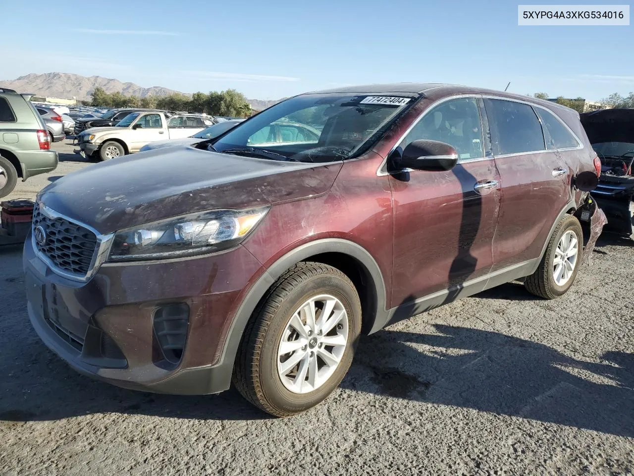 2019 Kia Sorento L VIN: 5XYPG4A3XKG534016 Lot: 77472404