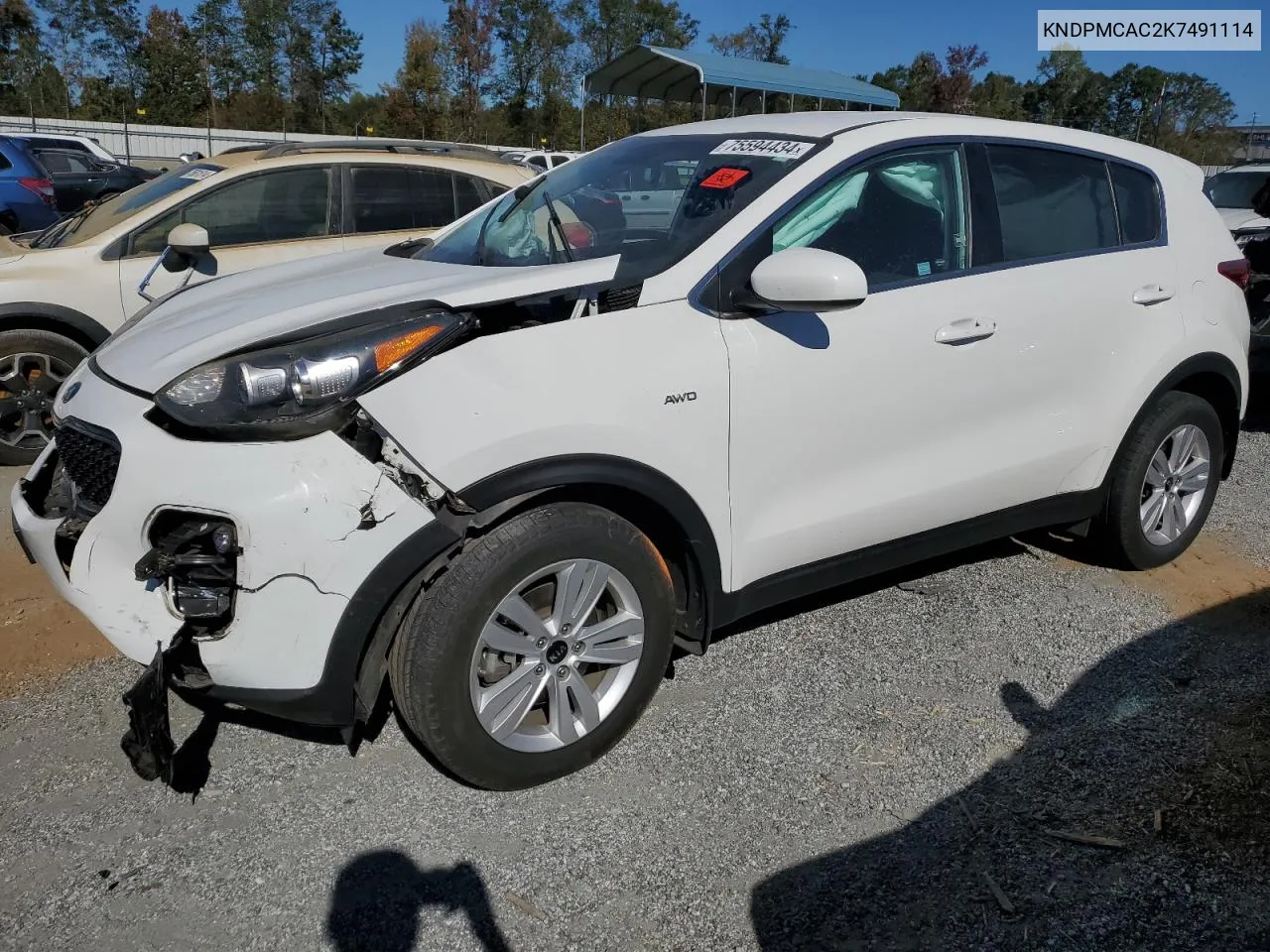 2019 Kia Sportage Lx VIN: KNDPMCAC2K7491114 Lot: 75594434