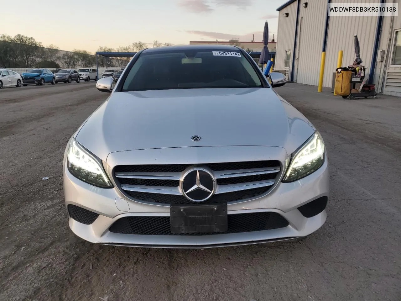 2019 Mercedes-Benz C 300 VIN: WDDWF8DB3KR510138 Lot: 70881114