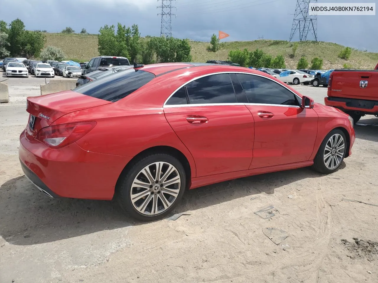 2019 Mercedes-Benz Cla 250 4Matic VIN: WDDSJ4GB0KN762194 Lot: 56840314