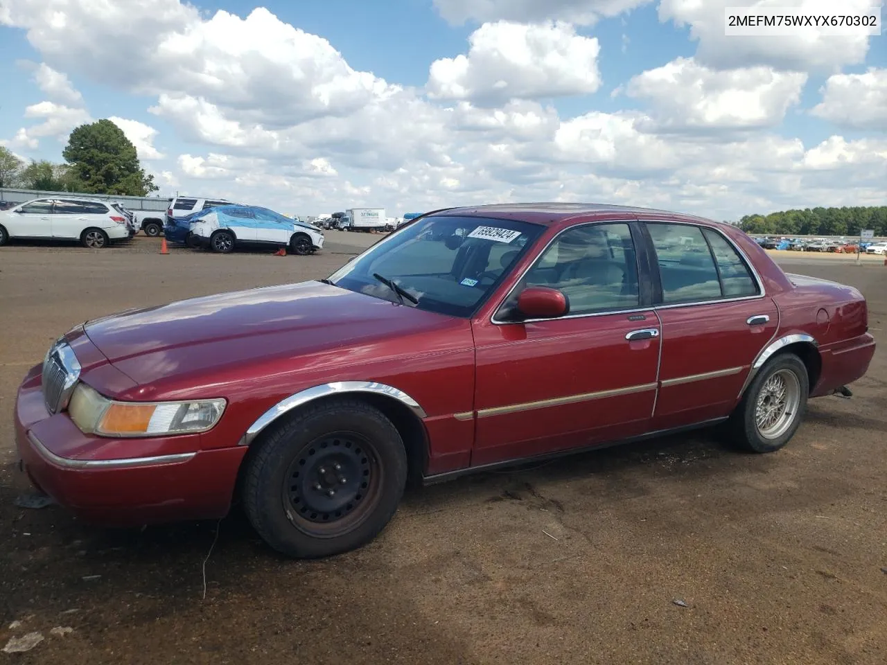 2000 Mercury Grand Marquis Ls VIN: 2MEFM75WXYX670302 Lot: 69929424