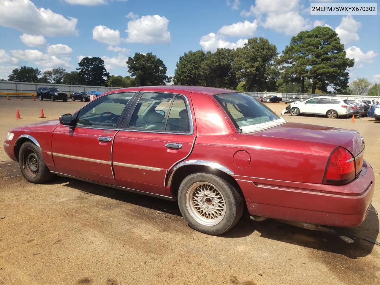 2000 Mercury Grand Marquis Ls VIN: 2MEFM75WXYX670302 Lot: 69929424