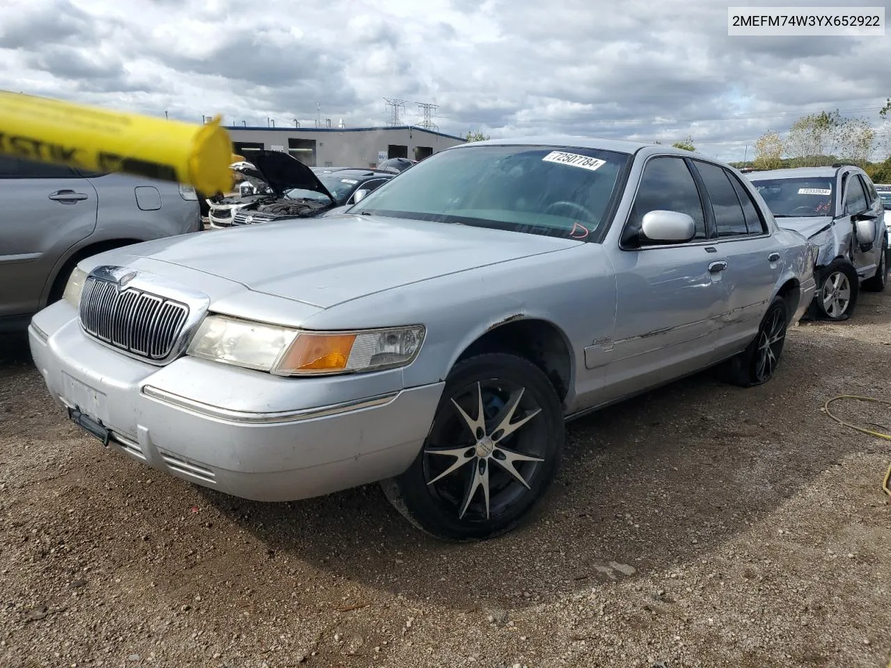 2000 Mercury Grand Marquis Gs VIN: 2MEFM74W3YX652922 Lot: 72507784