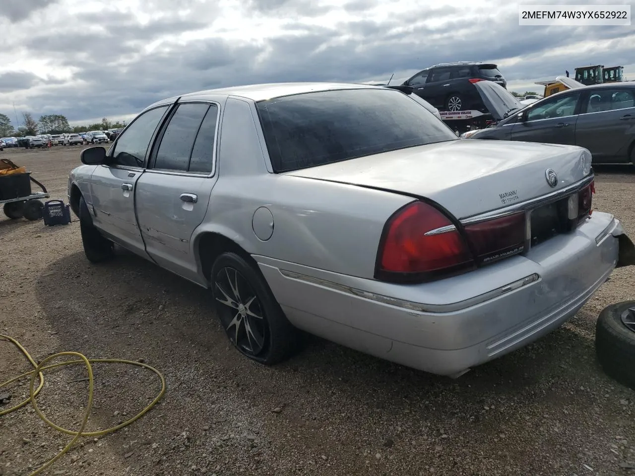 2000 Mercury Grand Marquis Gs VIN: 2MEFM74W3YX652922 Lot: 72507784