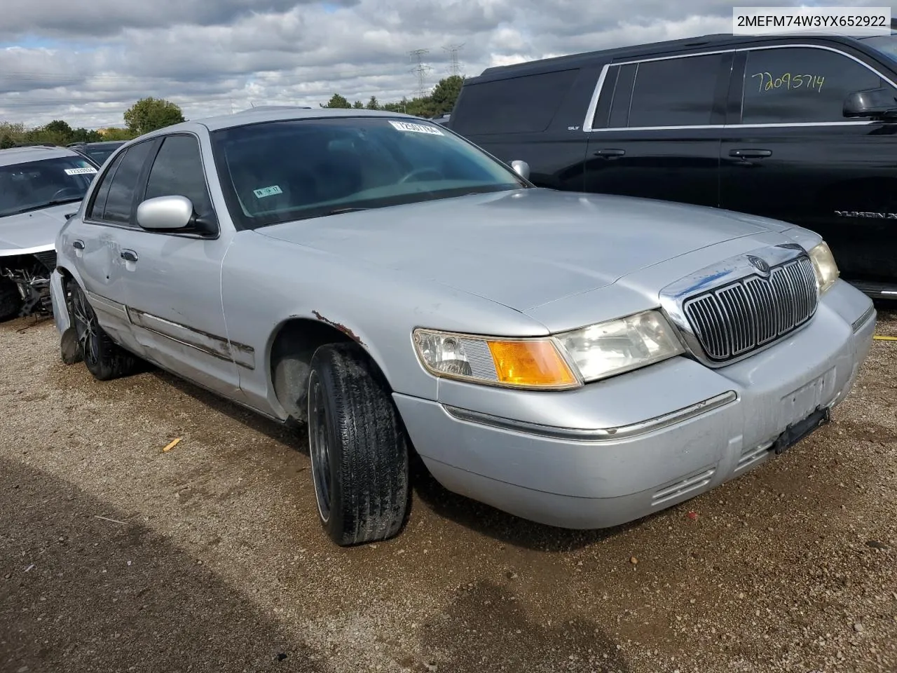 2000 Mercury Grand Marquis Gs VIN: 2MEFM74W3YX652922 Lot: 72507784