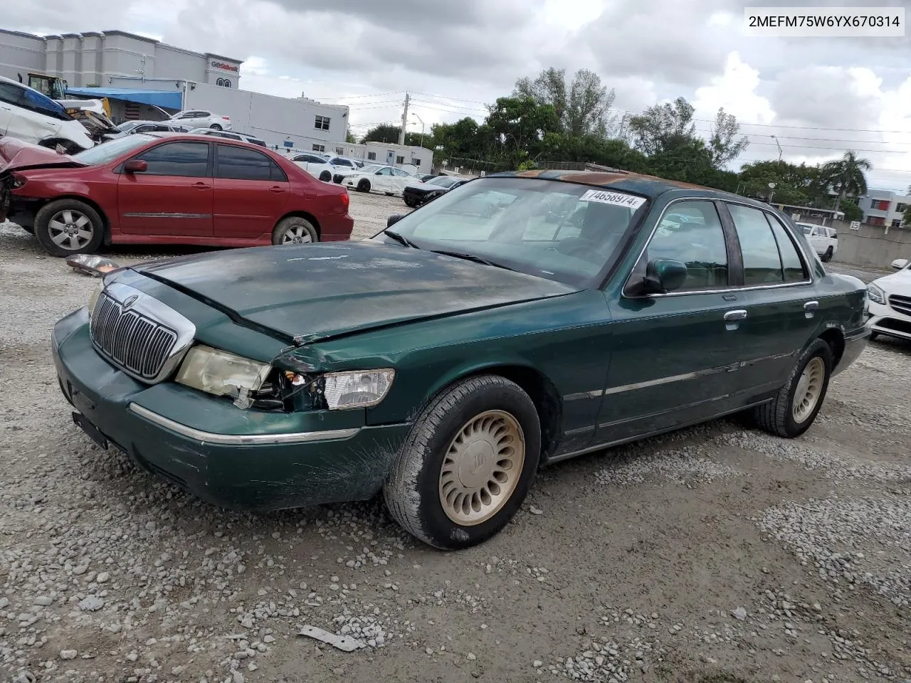 2000 Mercury Grand Marquis Ls VIN: 2MEFM75W6YX670314 Lot: 74658974