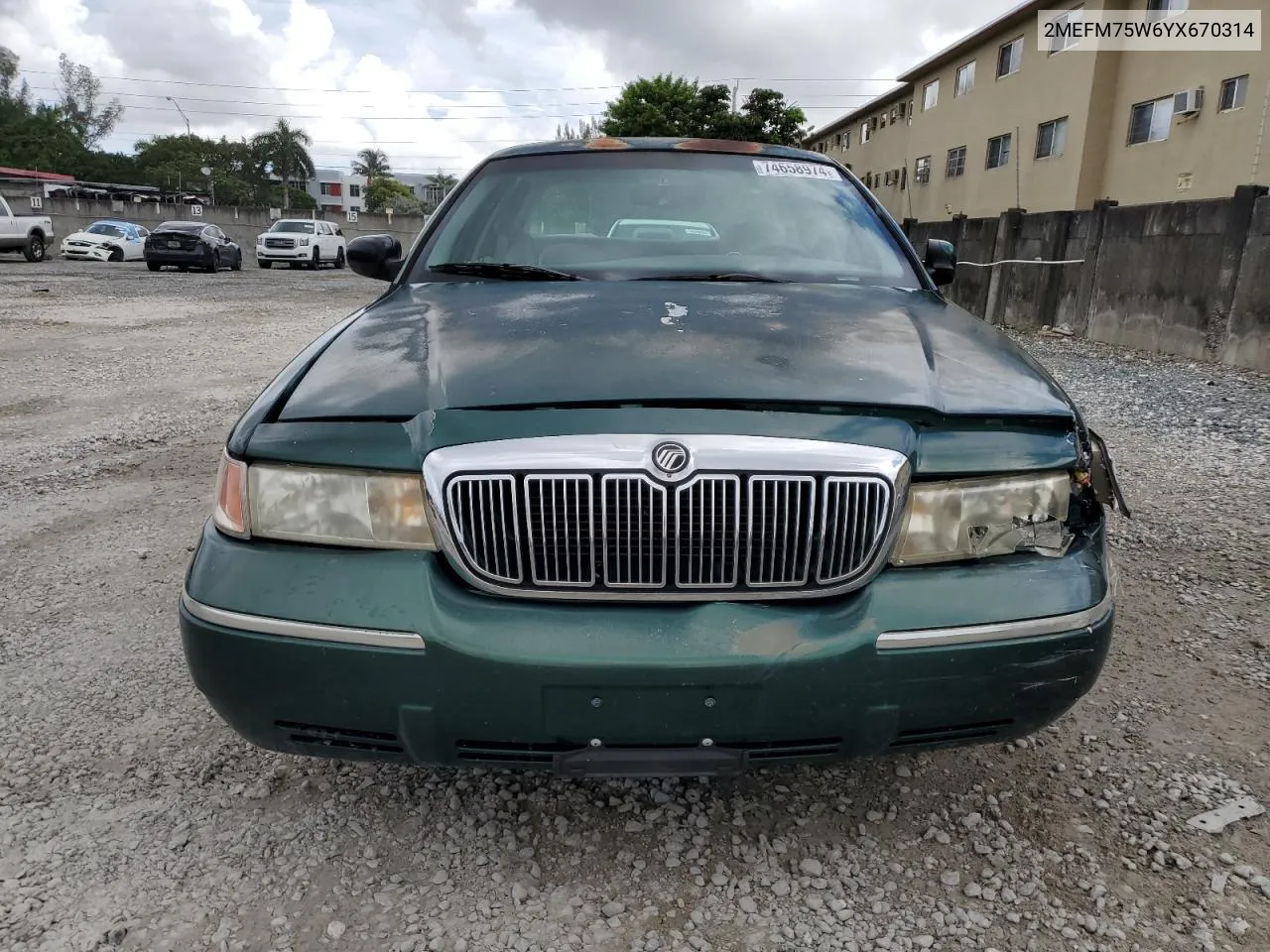 2000 Mercury Grand Marquis Ls VIN: 2MEFM75W6YX670314 Lot: 74658974