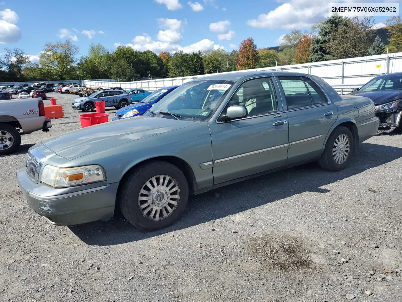 2006 Mercury Grand Marquis Ls VIN: 2MEFM75V06X652962 Lot: 74959974