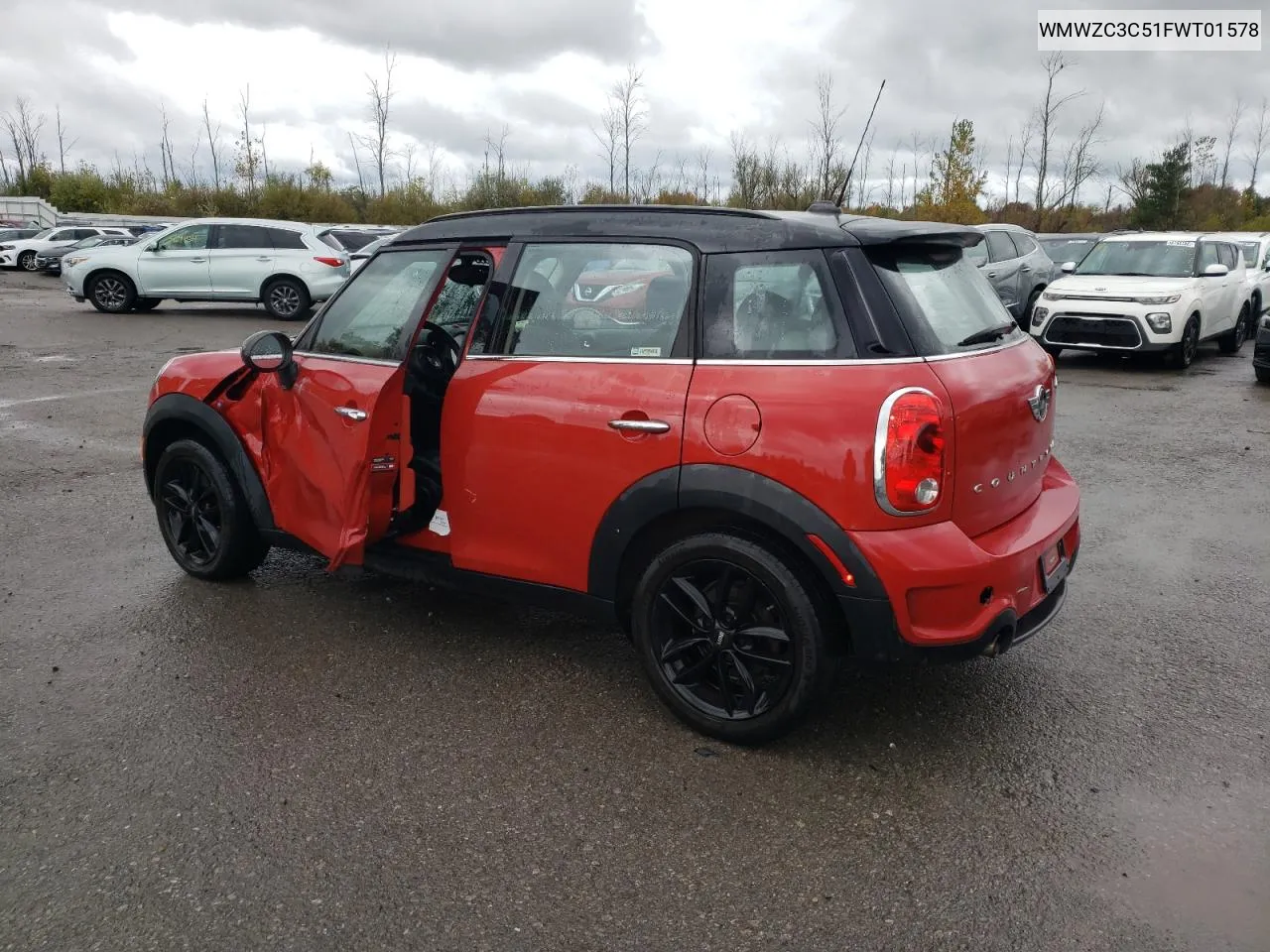 2015 Mini Cooper S Countryman VIN: WMWZC3C51FWT01578 Lot: 75000984