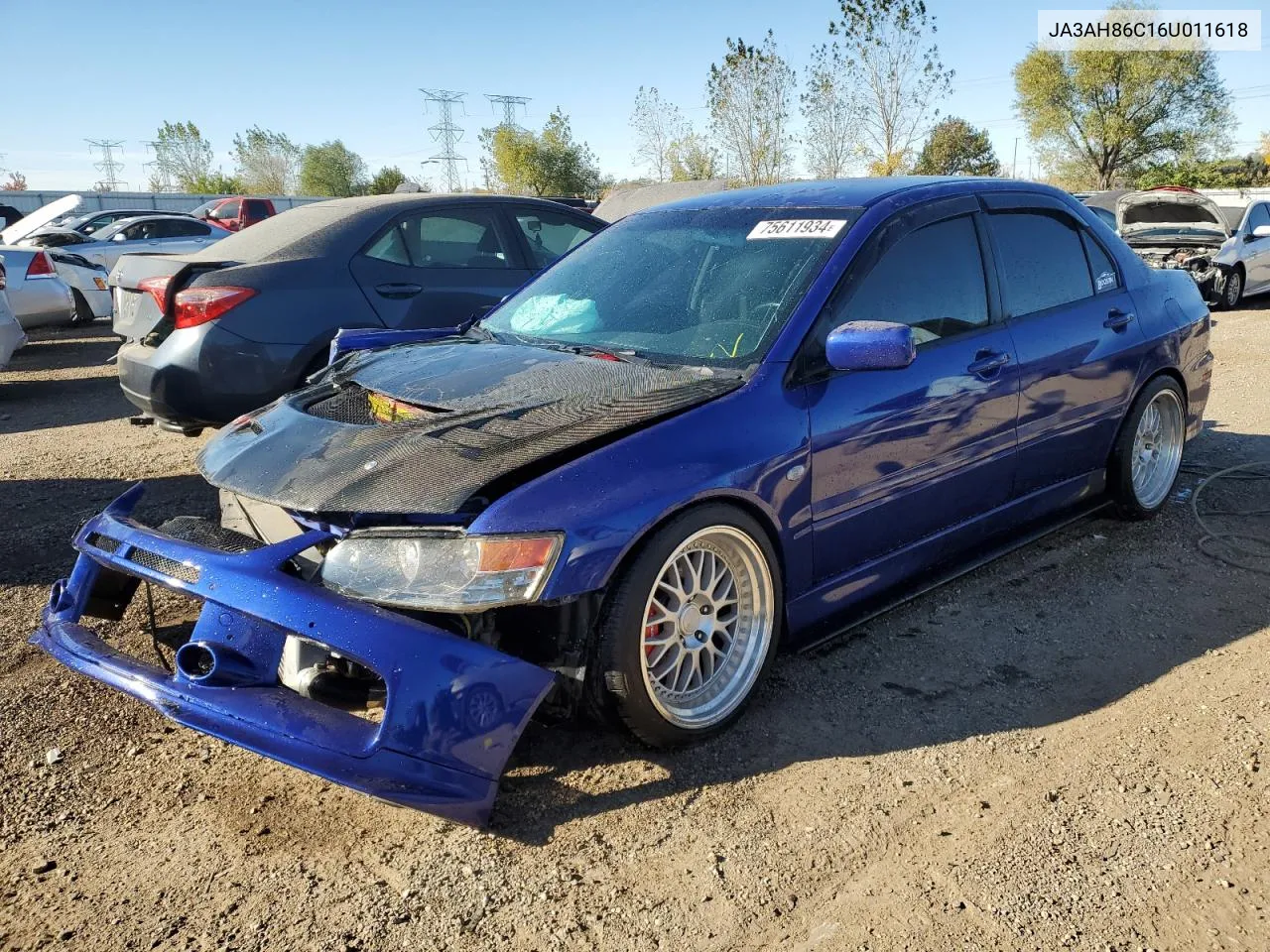 2006 Mitsubishi Lancer Evolution VIN: JA3AH86C16U011618 Lot: 75611934