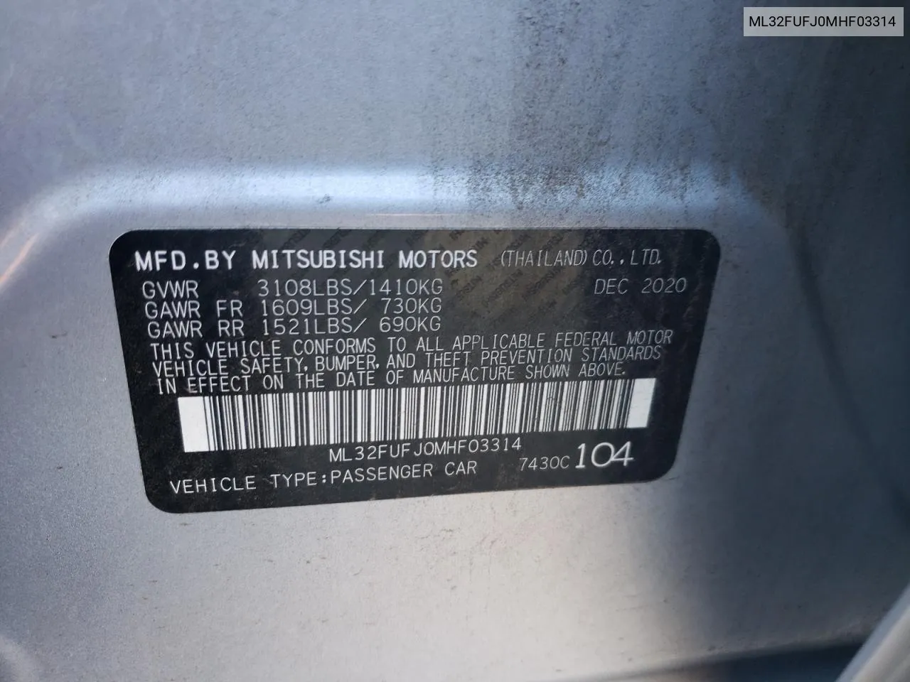 2021 Mitsubishi Mirage G4 Es VIN: ML32FUFJ0MHF03314 Lot: 71368844